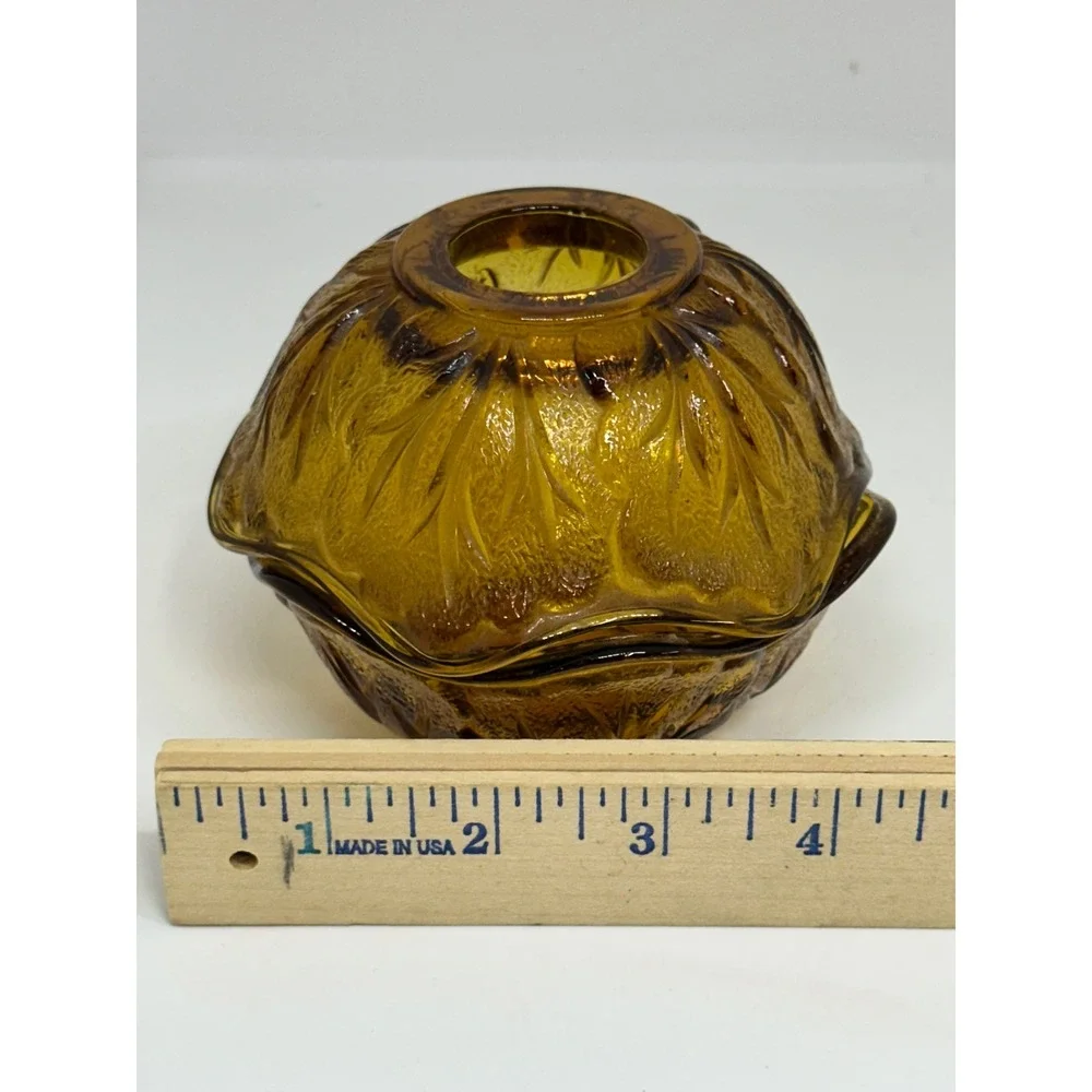 VTG Indiana Glass Fairy Lamp Amber Leaf Pattern Two Piece Votive Candle Holder